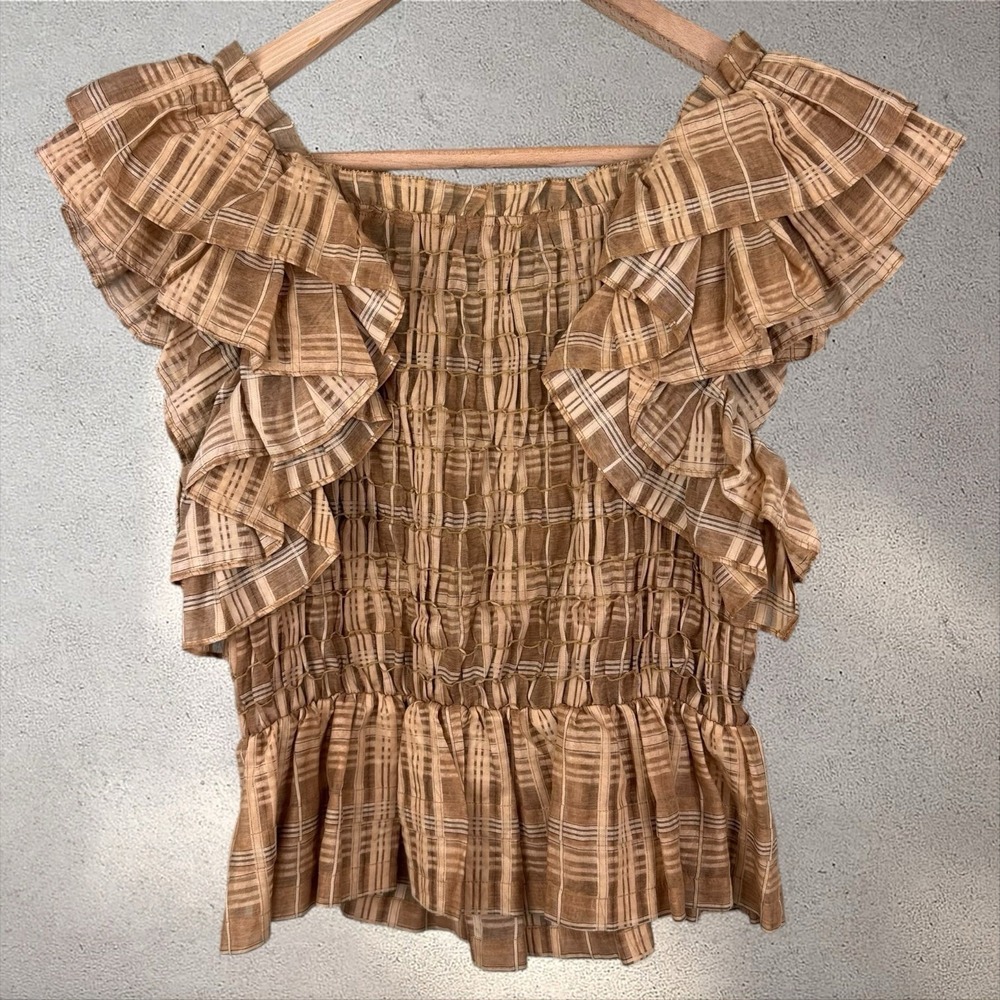 ULLA JOHNSON Camille Smocked Plaid Tank Top Blouse Cotton Silk Sz 4‎ - Picture 8 of 9